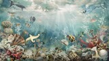 Fototapeta  - Whimsical Underwater Collage with Sea Creatures AI Generated.
