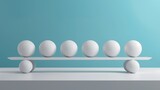 Fototapeta Przestrzenne - An image of equal white spheres in perfect balance on a seesaw, rendered in 3D against a blue and white background, symbolizing fairness, equality, and equilibrium