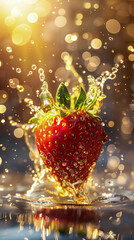 Sticker - Fresh strawberry fruit falling into water in golden light