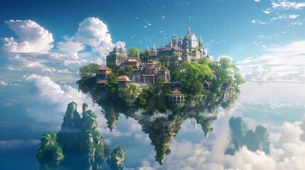 fantasy kingdom on floating isalnd wiht blue sky , fantasy concept art