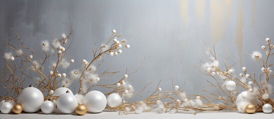 Sticker - Winter event in the city featuring a variety of white and gold Christmas decorations displayed on a table, including twinkling lights, snowcovered twigs, and fashion accessories