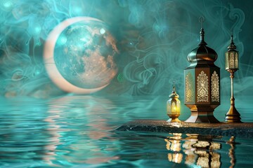 Canvas Print - aqua islamic desktop wallpaper background with crescent moon and elegant lantern 