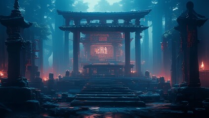 A minimalist Chinese style architecture. There is an altar in the middle between two pillars with red neon lights on them.