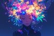 A digital artwork of an elegant woman with her eyes closed, with bright and vibrant colors. Glowing flowers in various hues growing from her head in all directions. 
