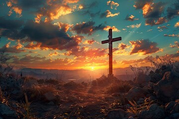 Wall Mural - Crucifixion Of Jesus Christ At Sunrise - Three Crosses On Hill - generative ai