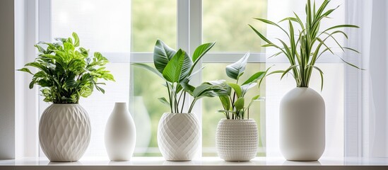 Wall Mural - A collection of houseplants in flowerpots sit on a windowsill, adding a touch of nature to the interior design. The plants enjoy the sunlight coming through the window