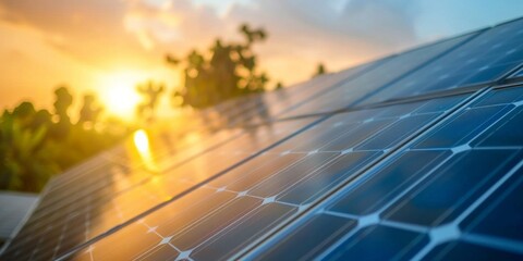 Solar panels with a vibrant sunset backdrop, symbolizing renewable energy.