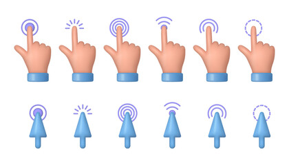 Poster - Screen and computer realistic cursors, isolated hand and pointer with motion effect. Vector UI elements for website or mobile phone applications. Gestures or tapping and clicking, touching