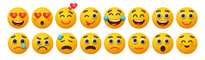 Poster - Funny emotions, isolated faces with expressions. Vector laughing and crying, sad and happy, in love and furious or angry. Wow amazed or surprised personage, joyful character head