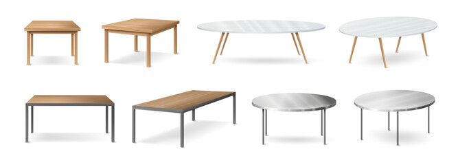 Aufkleber - Modern furniture for home or office. Vector isolated realistic set of dining and coffee tables of square and oval shape for house or apartment. Natural wood material and stylish models for flat