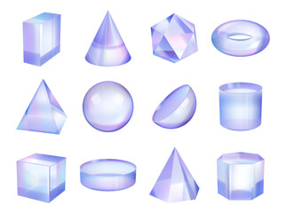 Poster - Geometric gradient holographic figure or shape. Vector isolated 3d realistic figurines, pyramid and cone, sphere and semicircle, podium and square box. Glass or transparent unblurred crystals