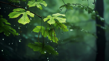 Wall Mural - green forest, dew drops and wet rain on young leaves and shoots in the depths of the green forest of