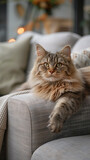 Fototapeta Sawanna - Adorable maine coon cat lying on sofa, ai