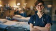 A nurse wearing glasses and electric blue scrubs is standing in a hospital room with her arms crossed, smiling. She is ready to assist patients with vision care while sharing her expertise and care