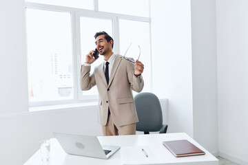 Man smile talk office businessman phone