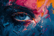 Visual Symphony: A close-up of a painted eye with vivid color drips and splashes