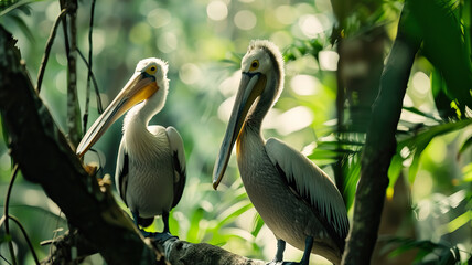 two Pelicans perch in trees on bokeh background. wildlife with nature background.
