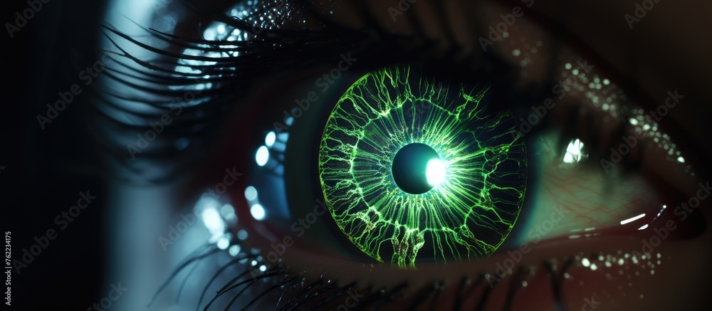 A closeup art image of a womans iris emitting a mesmerizing green light ...