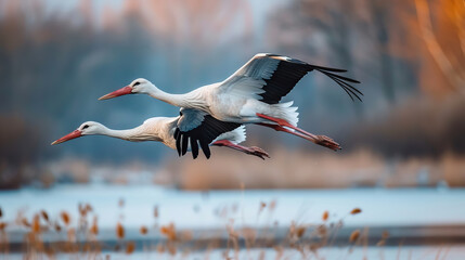 Wall Mural - two White Storks with wings spread. A view looking down on a white storks as it flies along. wildlife with nature background.