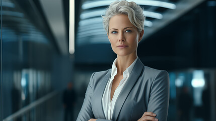 Wall Mural - Confident silver-haired businesswoman in corporate environment ai generated portrait image