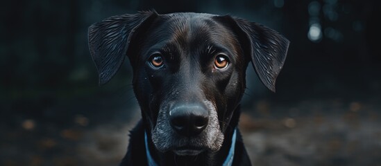 Sticker - A close up of a black dog, a member of the Canine family and Sporting Group, with electric blue eyes, whiskers, and a liver nose, looking at the camera in the dark