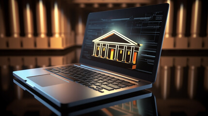 Wall Mural - Bank neoclassical building design on laptop screen ai generated closeup image