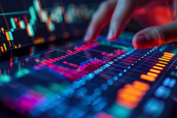 Poster - Futuristic Analysis of Financial Stock Data. Hand reaching out to analyze glowing stock market data on a high-tech digital interface, indicating advanced trading analysis.
