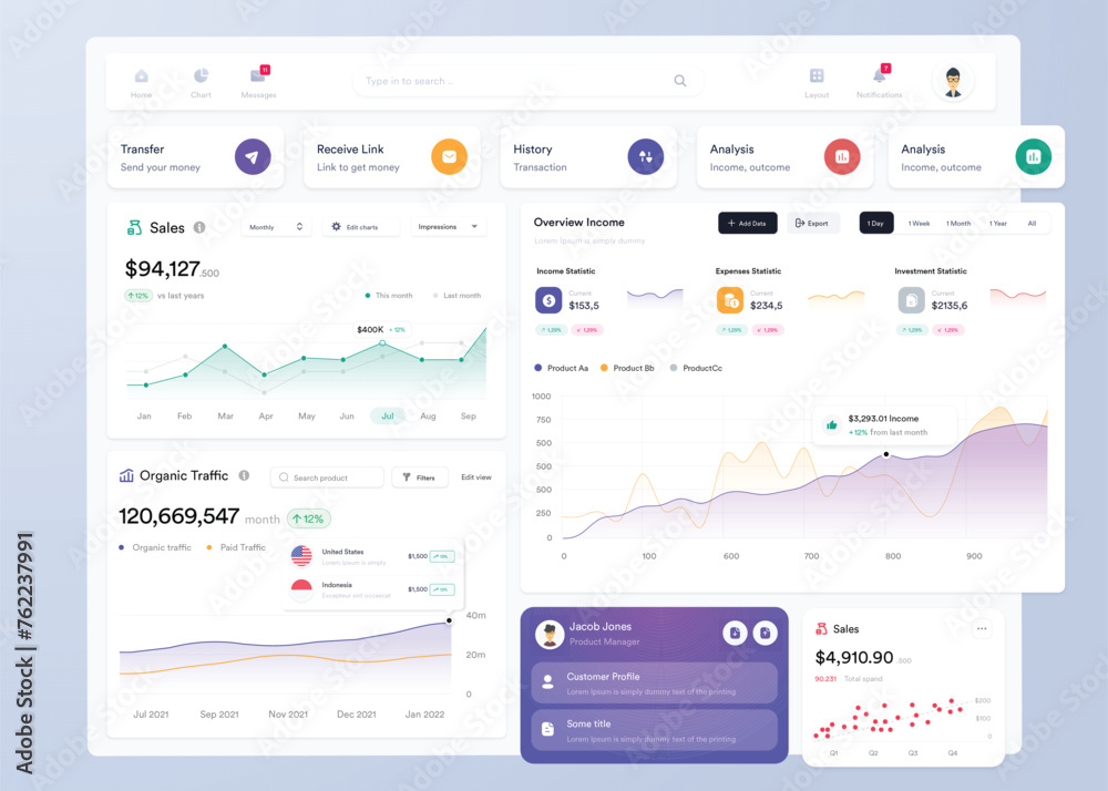 Vector de Stock UI UX Infographic dashboard. UI design with graphs ...