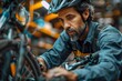 A focused bicycle mechanic with expertise fine-tunes a bike in a specialized workshop