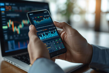Poster - Analyzing Financial Data on Smartphone and Laptop. Close-up of business professional analyzing financial statistics on a smartphone with stock market data displayed on a laptop screen.
