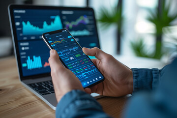 Poster - Business Analytics on Mobile and Laptop Screens. Close-up of hands analyzing financial statistics on smartphone and laptop displaying colorful data charts.