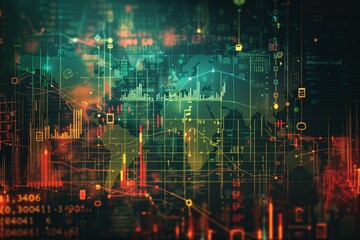 Poster - Innovative Financial Data Analysis Graphical Interface. Complex financial data analysis and stock market trend visualization on a digital graphical interface.