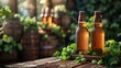 Chilled Beer Bottles Among Fresh Hops and Leaves. Two chilled beer bottles stand amidst vibrant fresh hops and leaves, with a blurred background of a brewery setting.