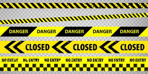 black and yellow police stripe border, construction, danger, no entry closed tapes set. set of dange