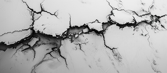 Sticker - A black and white photograph capturing the textured surface of a cracked wall, resembling a unique piece of abstract art with hints of a tree twig, water droplets, and a distant landscape