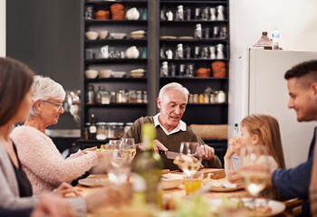 Poster - Family, food and table for lunch in home, conversation and healthy meal or alcohol in apartment. Happy people, bonding and eating together on weekend, relax and speaking or sharing in dining room