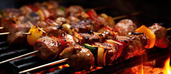 Barbecue with delicious grilled meat and vegetables on grill, closeup