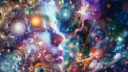 Wall Mural - The face of a dreamy girl with flowers and swirls of energy around her. Dream and meditation concept.