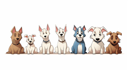 Wall Mural - a group of cute cartoon dogs are sitting in a row isolated on a white background