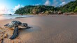 Schildkröte am Sandstrand mit Meer als Hintergrundmotiv, ai generativ
