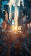 In a bustling cityscape, a group of people marvel at their hands glowing with nano-enhanced devices The scene captures their astonishment and joy as they interact with the world in new ways Realistic,