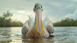 close up front view Great white pelican swimming in lake. wildlife with nature background.