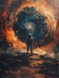 Amidst swirling time anomalies, a lone astronaut becomes an observer of past and future events A surreal scene painted with Rembrandt lighting, capturing the awe and uncertainty of time travel