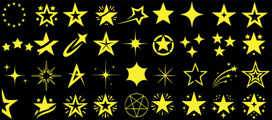 Wall Mural - glowing star vector set, various shapes of yellow stars on black background. perfect for celestial, 