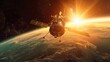 From a satellites viewpoint, Earth gleams below as a space probe lands on a distant planet, marking a monumental leap in interplanetary exploration The scene captures the excitement of discovery for t