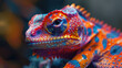 Close-up of a colorful chameleon with intricate patterns on its skin, showcasing its detailed eye and textured scales in vibrant hues of blue, orange, and red.