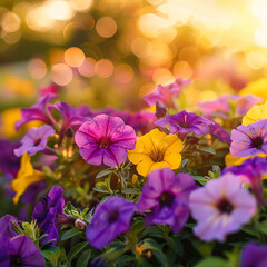 Wall Mural - Bright purple and yellow petunia flowers bloom in a flowerbed in the garden against bokeh background.