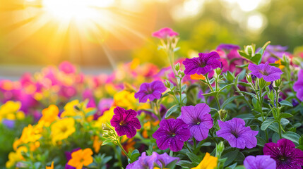 Wall Mural - Flowerbed with bright purple and yellow petunia in the rays of the setting sun.