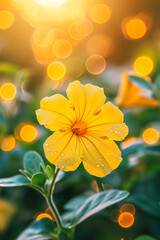 Wall Mural - Bright yellow petunia close up bloom in a flowerbed in the garden against bokeh background.