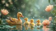 An adorable cartoon of a mom teaching her ducklings to swim in a pond showcasing a moment of gentle guidance and care